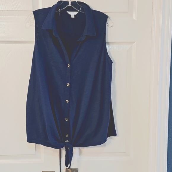 Time & Tru Sleeveless Button-Up Top W Bottom Tie Navy XL EUC - Picture 2 of 9